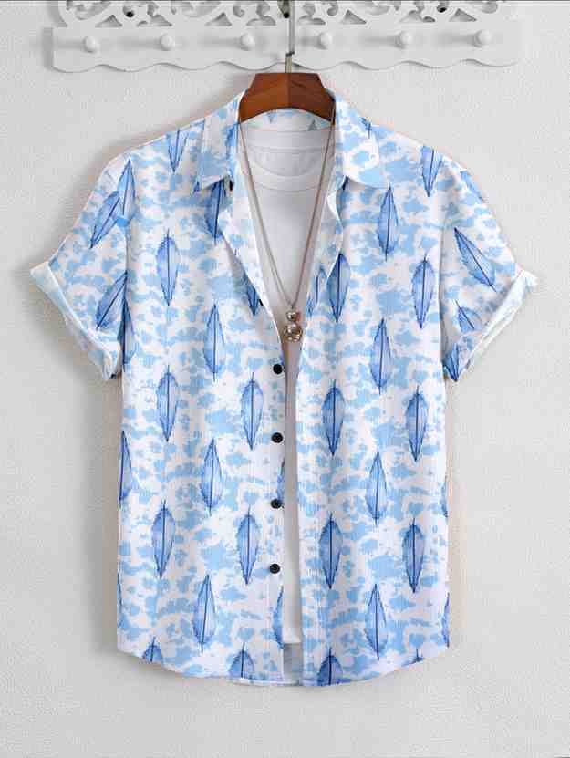 Blue Feather Print Casual Shirt